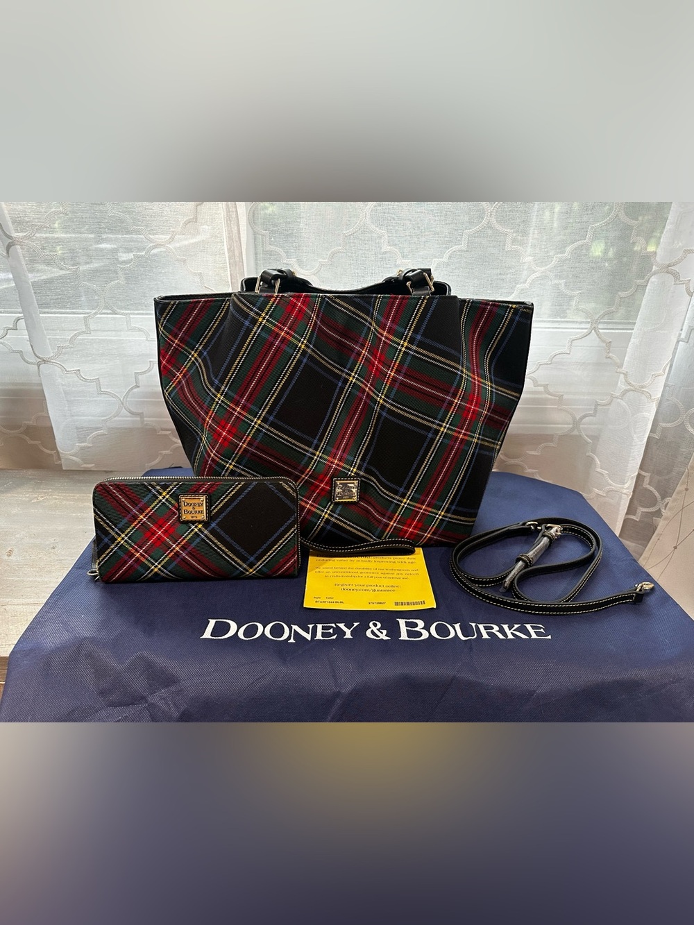 Dooney & Bourke Black Tartan Flynn Tote & Matching Wallet Set - Gently Used